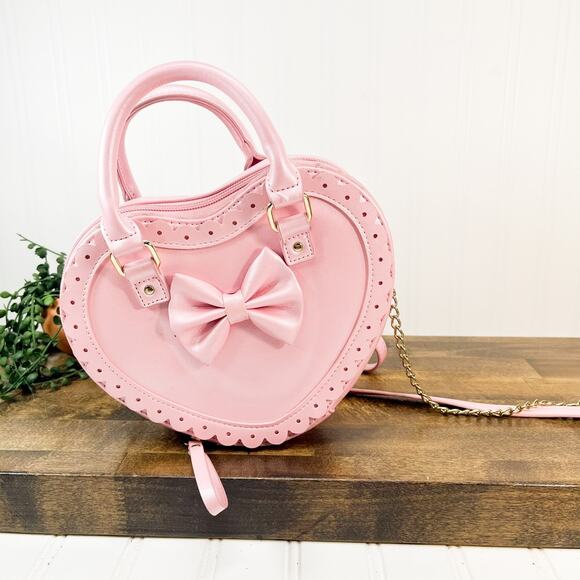 Pink Lolita Heart Shaped Crossbody Bag Purse Bioworld Pink Bow Purse - Picture 2 of 11